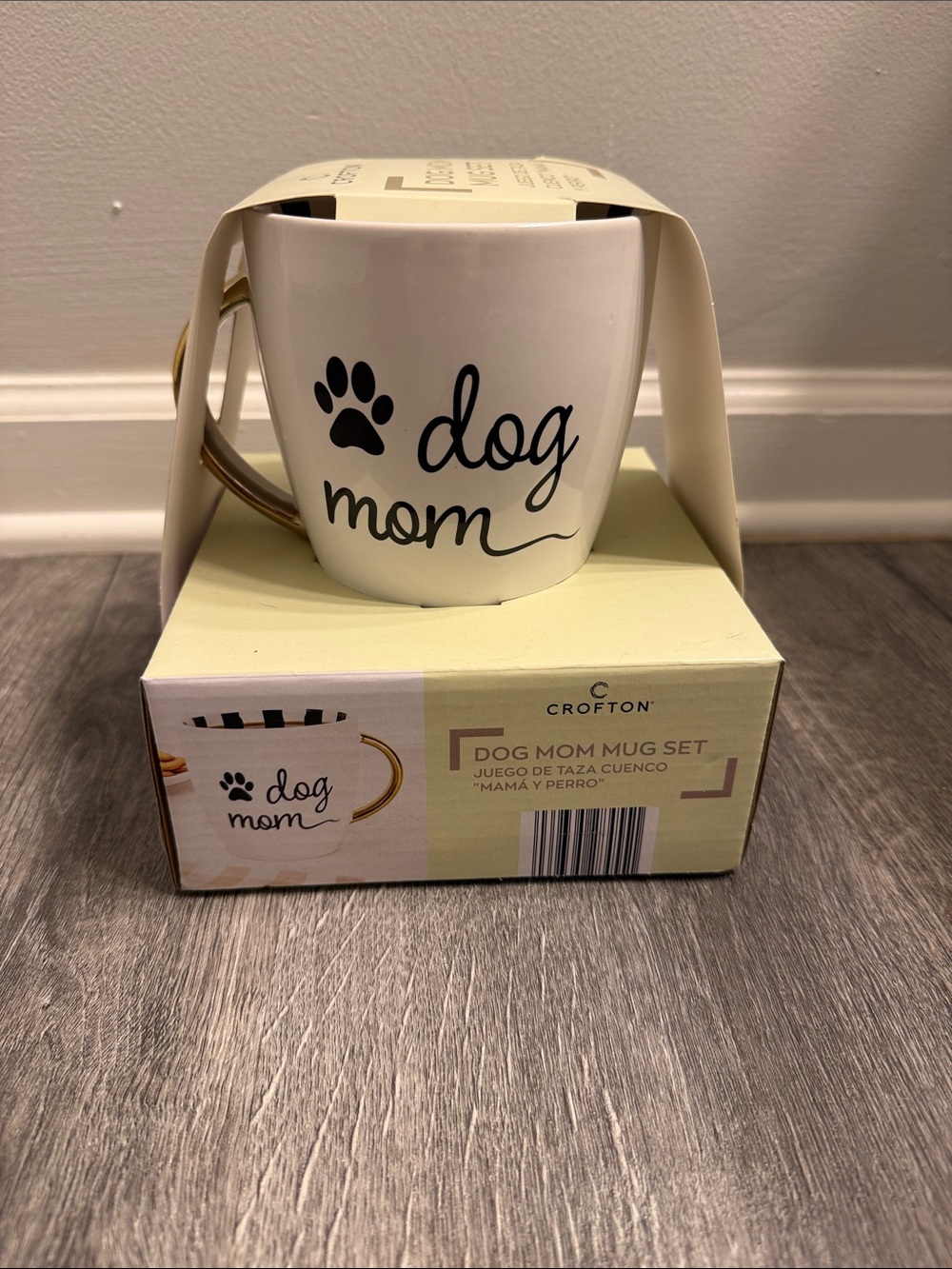 Croton White Dog Mom Ceramic Mug with matching ceramic dog bowl.